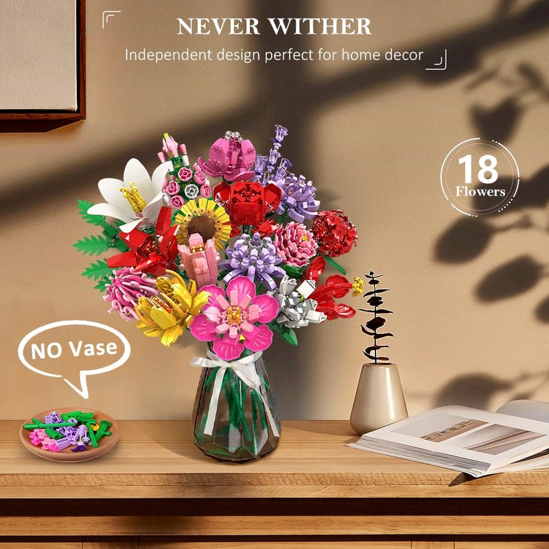 HOGOKIDS Flower Bouquet Set for Adults - 1461PCS Artificial Flowers Botanical Collection | 18 Sticks Ideas Decorative Home Plant Bouquet | Creative DIY Building Block Gift for Teens Girls Ages 8+ - Image 3