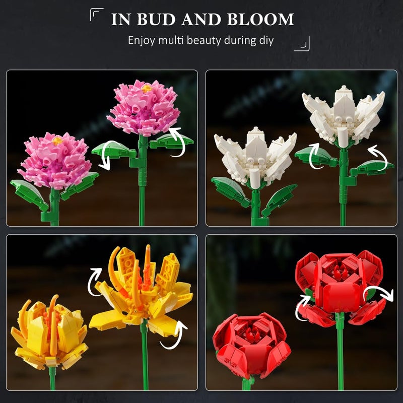 HOGOKIDS Flower Bouquet Set for Adults - 1461PCS Artificial Flowers Botanical Collection | 18 Sticks Ideas Decorative Home Plant Bouquet | Creative DIY Building Block Gift for Teens Girls Ages 8+ - Image 5