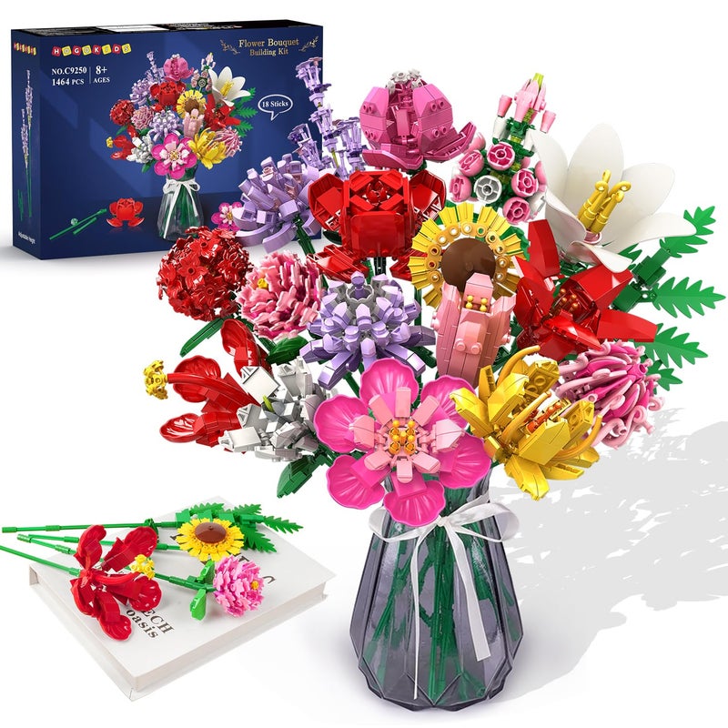 HOGOKIDS Flower Bouquet Set for Adults - 1461PCS Artificial Flowers Botanical Collection | 18 Sticks Ideas Decorative Home Plant Bouquet | Creative DIY Building Block Gift for Teens Girls Ages 8+ - Image 1