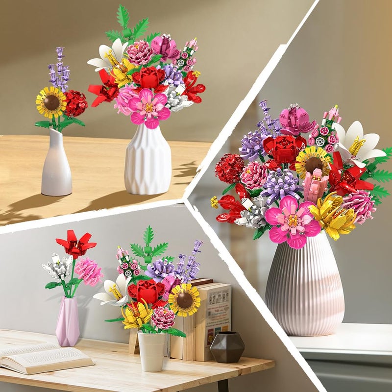 HOGOKIDS Flower Bouquet Set for Adults - 1461PCS Artificial Flowers Botanical Collection | 18 Sticks Ideas Decorative Home Plant Bouquet | Creative DIY Building Block Gift for Teens Girls Ages 8+ - Image 4