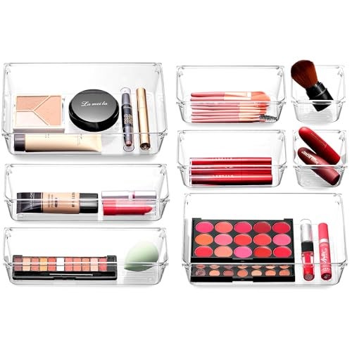 Masirs Clear Drawer Organizer - Easily Organize and Customize the Layout of Drawers. Great for Office Desk, Utensils, Cosmetics and Makeup. (8-Piece Set) - Image 1