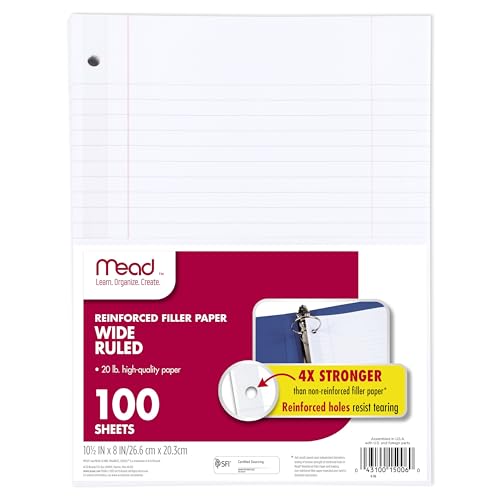 Mead Loose Leaf Paper, Wide Ruled Filler Notebook Paper, Reinforced, 8" x 10-1/2", 100 Sheets, Fits 3-Ring Binder (15006) - Image 1