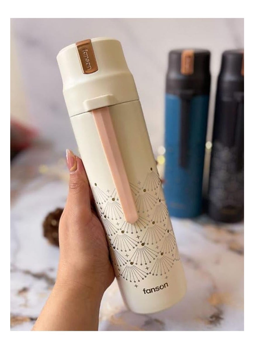 RAJWILA STORE Thermo Steel Bottle Insulated Cup Travel Water Bottles 500ml with Handle Cups Durable Stainless Steel Insulated Water Bottle with Snap Cap and Water Cup Cream  - Image 4