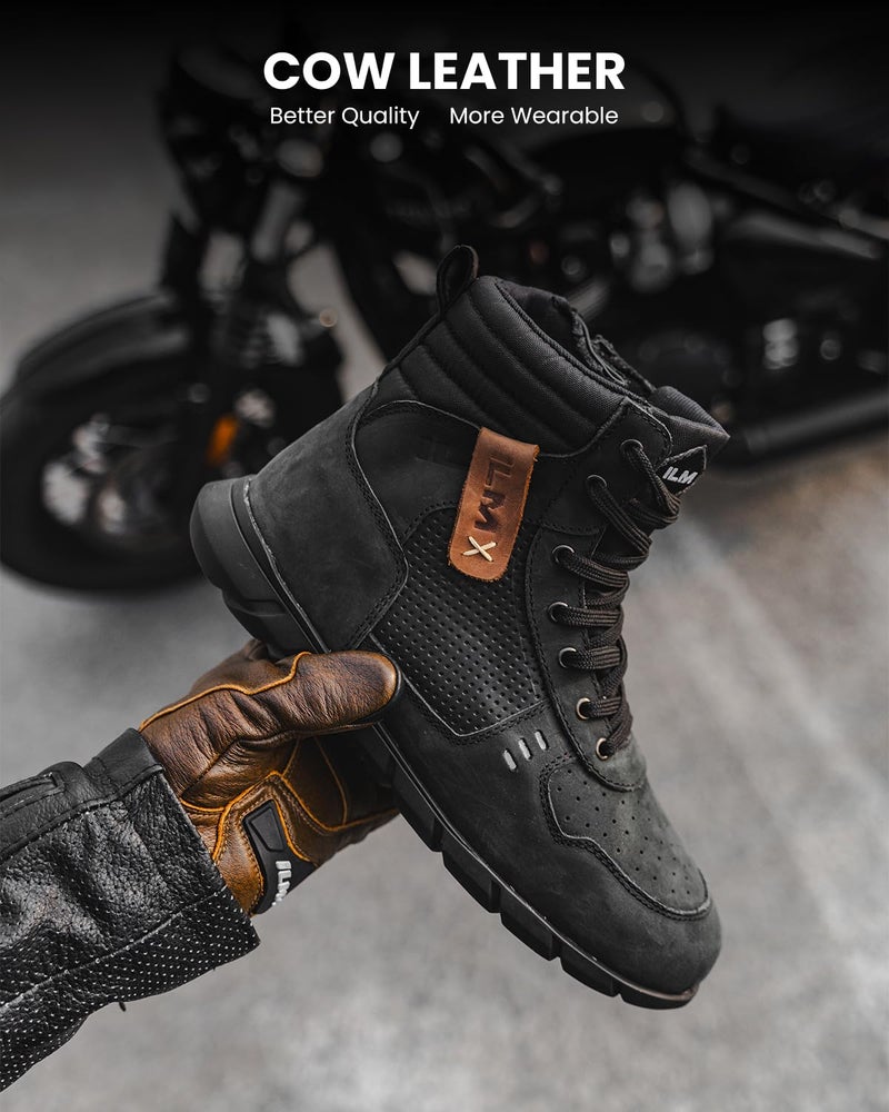 ILM أحذية جلدية للدراجات النارية للرجال مقاومة للماء وغير قابلة للانزلاق مع دعم للكاحل نموذج UB305 (أسود، 9) - Image 2