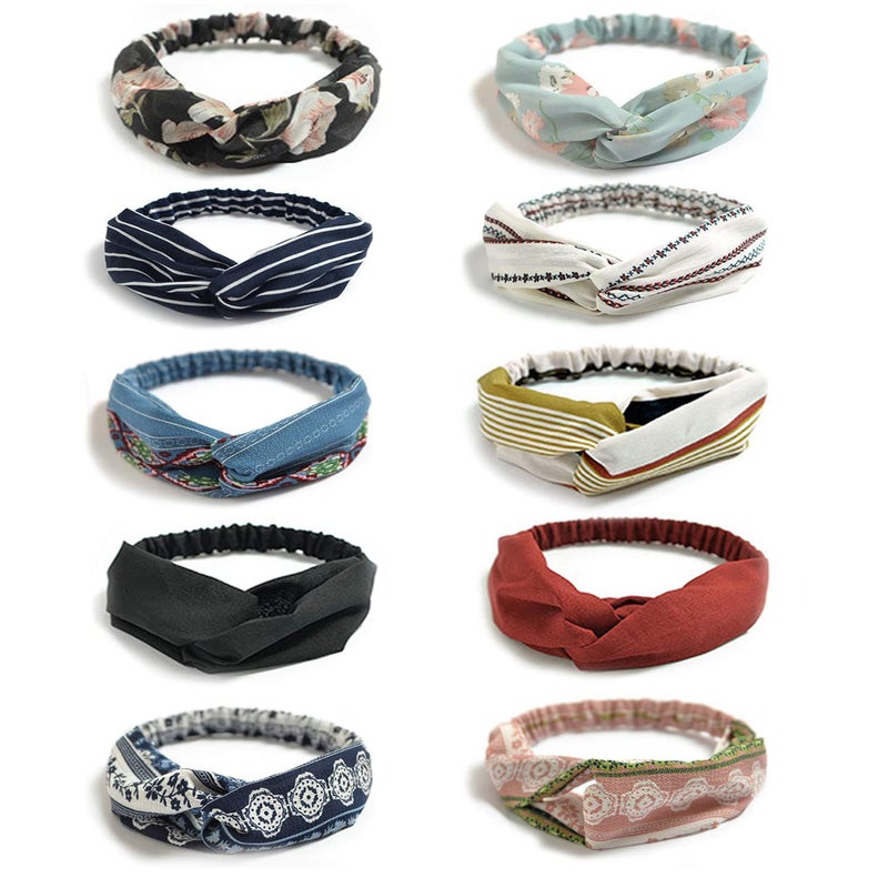 DRESHOW 10 Pack Boho Headbands for Women Vintage Cross Elastic Head Wrap Hair Accessories - Image 1