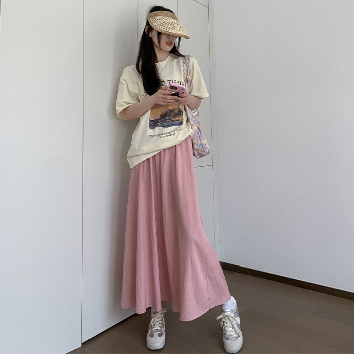 Lazy Style Yamamoto High Waist Half-length Umbrella Skirt Womens Summer New Korean Style Casual Slimming Mid-length Cotton Linen Large Swing Skirt Hot Pink (with pockets)