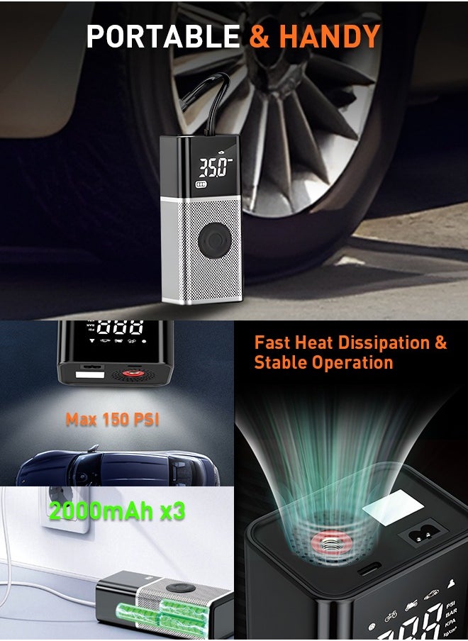 Carsun Portable Tyre Inflator Air Compressor ,22mm Cylinder Electric Tire Inflator with 6000mAh Battery/Digital Display/LED Light,150PSI Strong Cordless Air Pump for Car,Bike,Truck,Motorcycle,Ball,kayak  - Image 4
