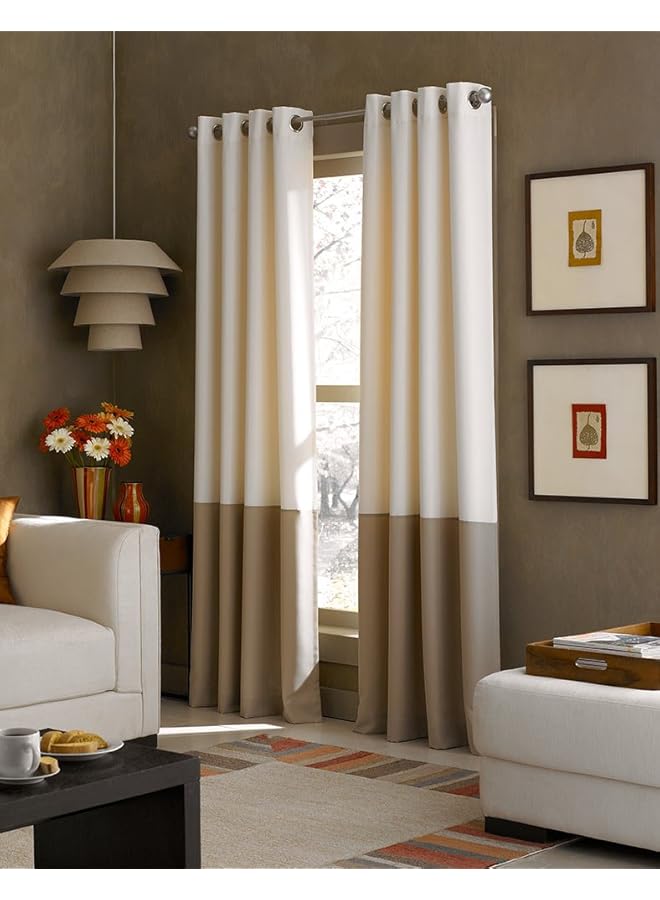 Green Tiger Kendall Color Block Grommet Curtain Panel, 84-Inch, Ivory/Tan - Image 1