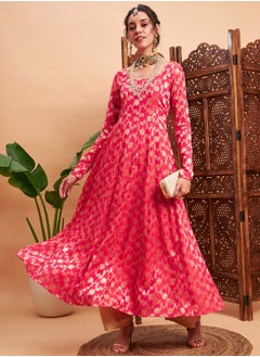 Floral Foil Print Brocade Pleat Detail Anarkali Maxi Kurta by Styli
