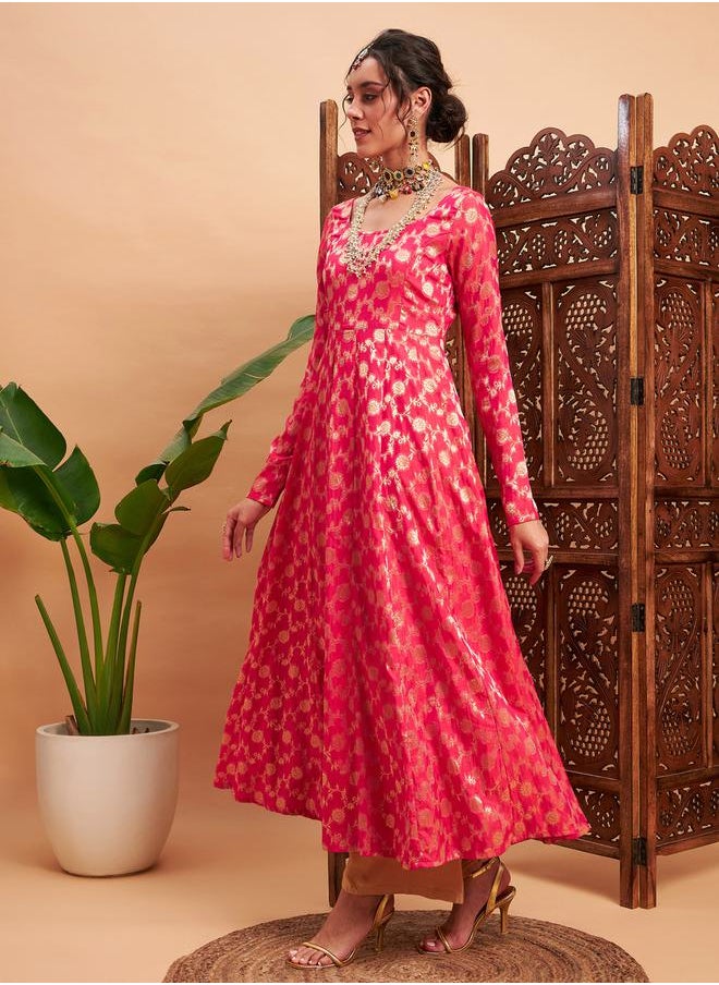 SASSAFRAS - Floral Foil Print Brocade Pleat Detail Anarkali Maxi Kurta by Styli - Image 1