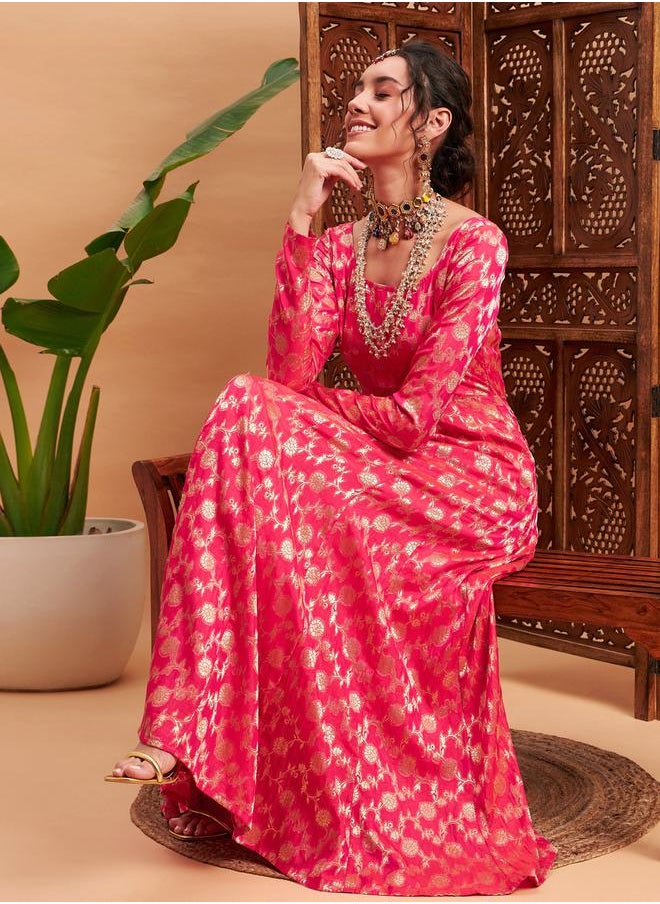 SASSAFRAS - Floral Foil Print Brocade Pleat Detail Anarkali Maxi Kurta by Styli - Image 1