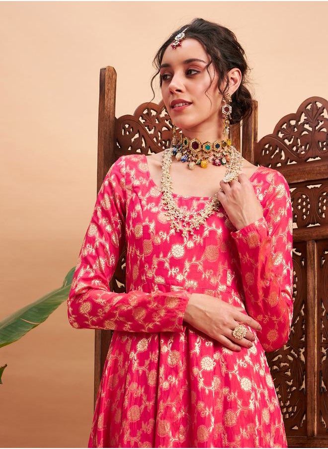 SASSAFRAS - Floral Foil Print Brocade Pleat Detail Anarkali Maxi Kurta by Styli - Image 1