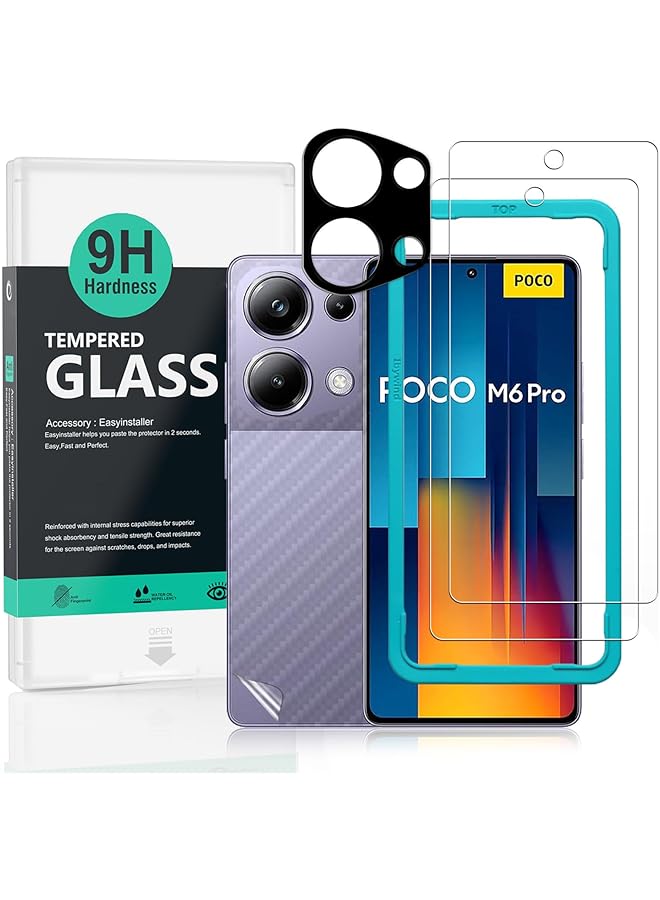 erorex 2 Pack Screen Protector For Xiaomi Poco M6 Pro 4G 6.67" 9H Hardness Tempered Glass With 1Pc Camera Lens Protector 1Pc Back Carbon Fiber Film Anti Scratch Bubble Free - Image 1