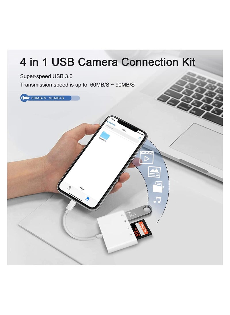SD Card Reader for iPhone/iPad,iPhone SD Card Reader,4 in 1 USB OTG Adapter for iPhone Compatible MicroSD/SD,Photography Memory Card Adapter,Plug and Play