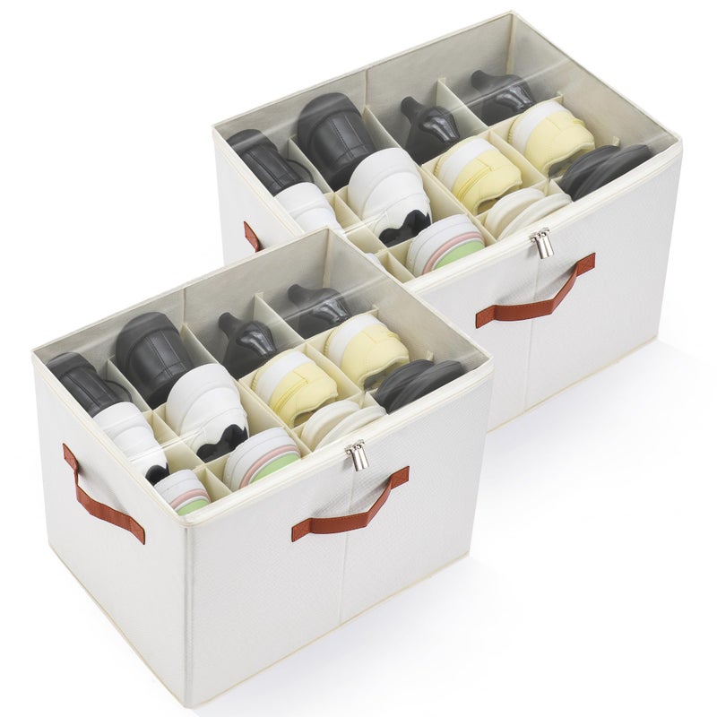 KitHero 2-Pack Shoe Organizer for Closet, Foldable Shoe Storage Container with Adjustable Dividers & Clear Lid, Holds Up to 12 Pairs, Space-Saving Shoe Boxes, White - Image 1