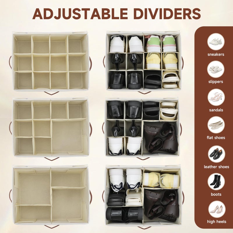 KitHero 2-Pack Shoe Organizer for Closet, Foldable Shoe Storage Container with Adjustable Dividers & Clear Lid, Holds Up to 12 Pairs, Space-Saving Shoe Boxes, White - Image 3