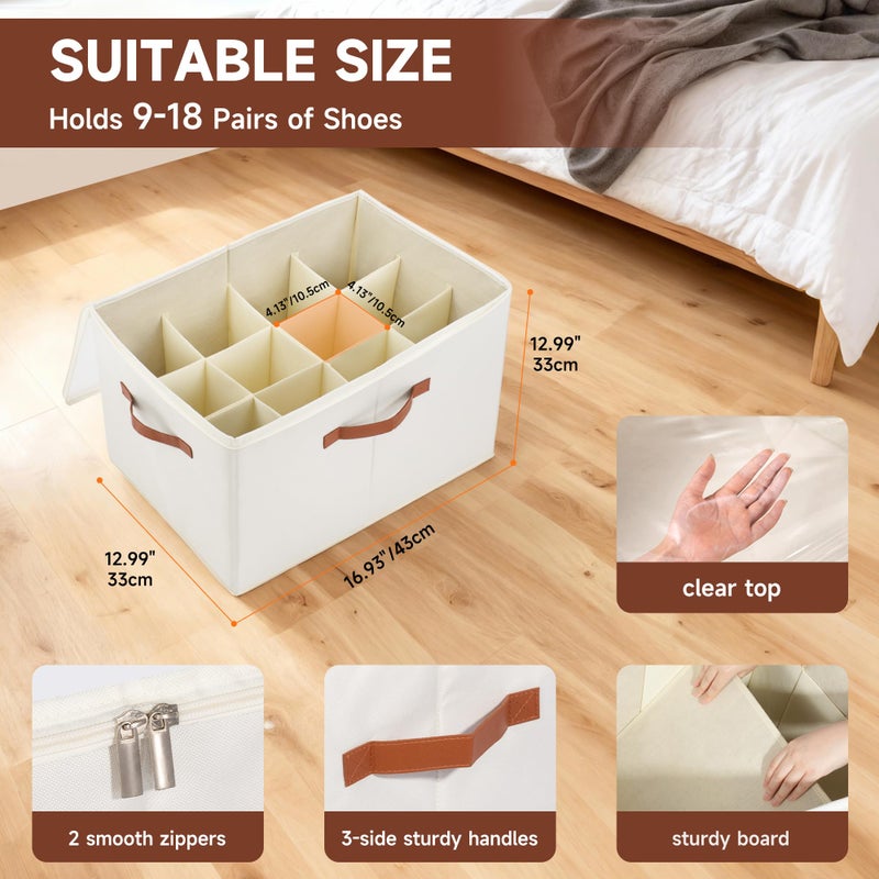 KitHero 2-Pack Shoe Organizer for Closet, Foldable Shoe Storage Container with Adjustable Dividers & Clear Lid, Holds Up to 12 Pairs, Space-Saving Shoe Boxes, White - Image 2