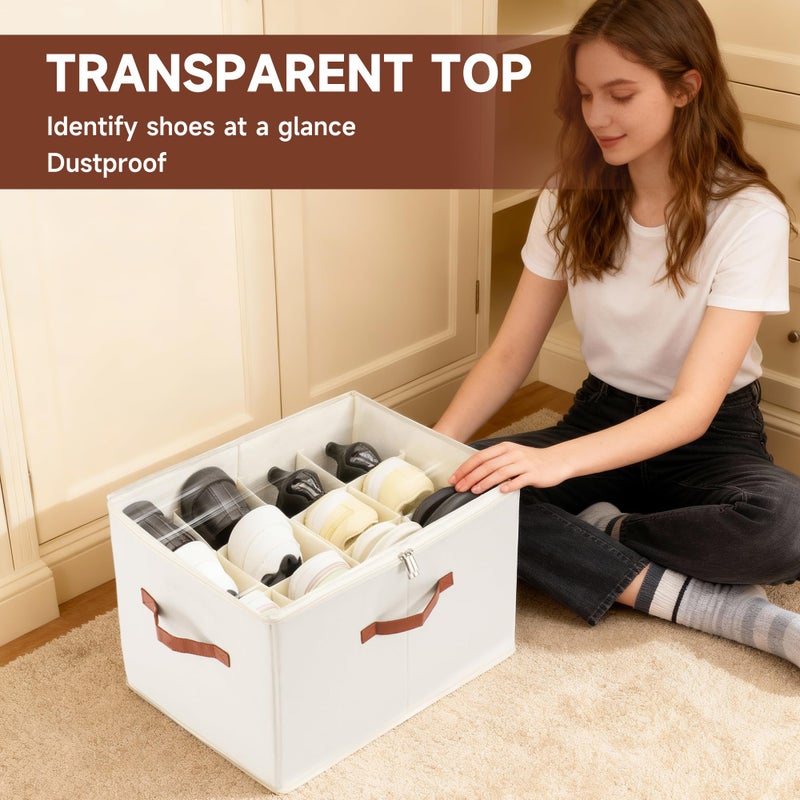KitHero 2-Pack Shoe Organizer for Closet, Foldable Shoe Storage Container with Adjustable Dividers & Clear Lid, Holds Up to 12 Pairs, Space-Saving Shoe Boxes, White - Image 4