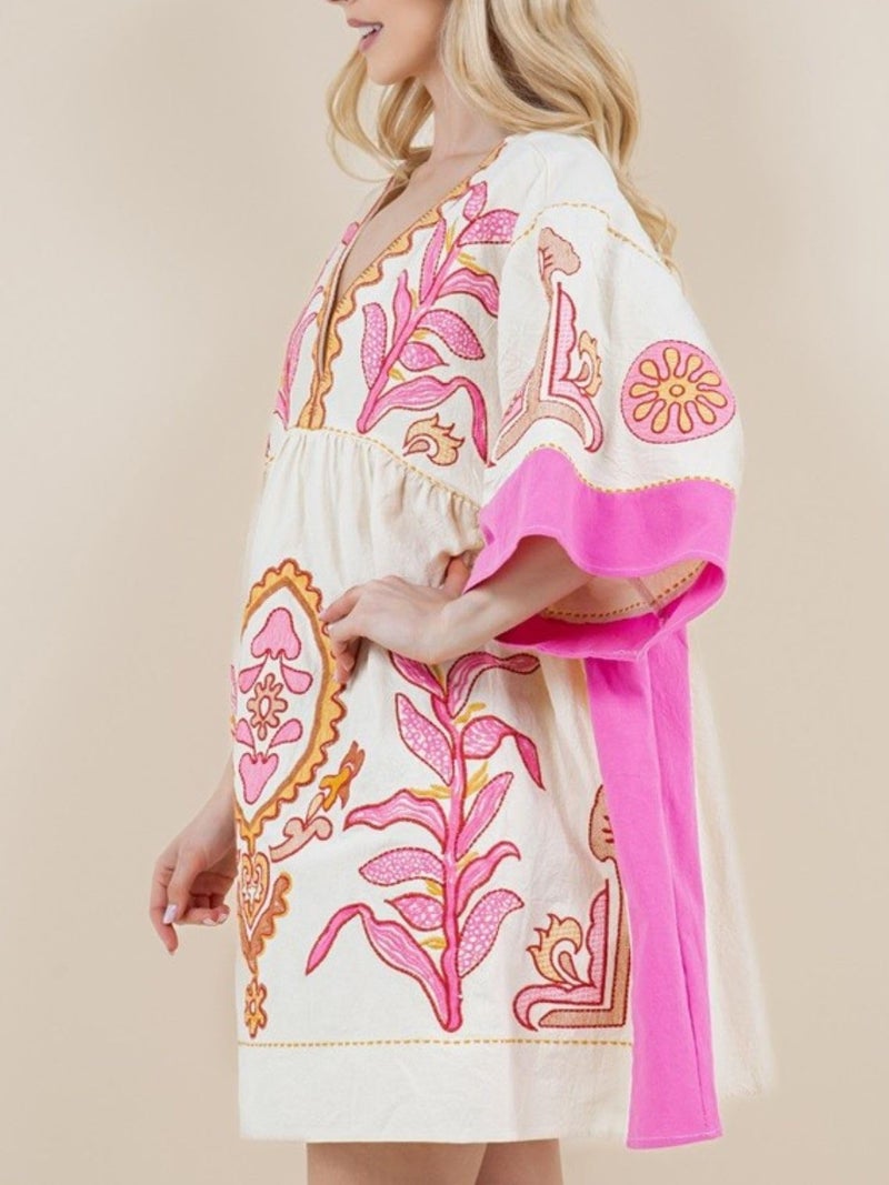 Joiemont Womens Oversized Embroidered Dress with V-Neck and 3/4 Sleeves Vintage Embroidery Babydoll Dress(0603-HotPink-M) - Image 2