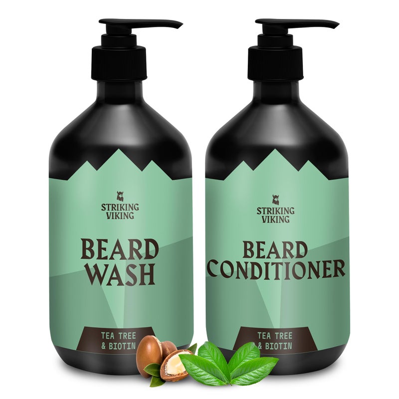 Striking Viking Beard Wash and Conditioner (Tea Tree & Biotin) - Paraben & Sulfate Free Cleansing Care for All Beard Types (10oz Per Bottle) - Image 1