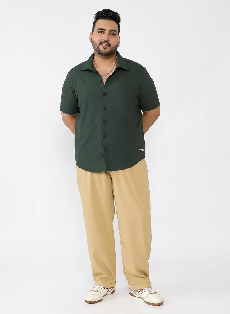 Instafab Plus  Men Seamless Waffle-Knit Shirt | Spread Collar , Short Regular Sleeves | Button Closure , Curved Hem | Solid Textured | Knitted Fabric For Casual & Daily Wear | Sacramento Green for Men | Best Price UAE