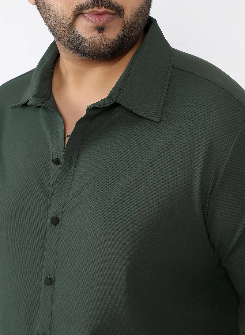 Instafab Plus  Men Seamless Waffle-Knit Shirt | Spread Collar , Short Regular Sleeves | Button Closure , Curved Hem | Solid Textured | Knitted Fabric For Casual & Daily Wear | Sacramento Green for Men | Best Price UAE