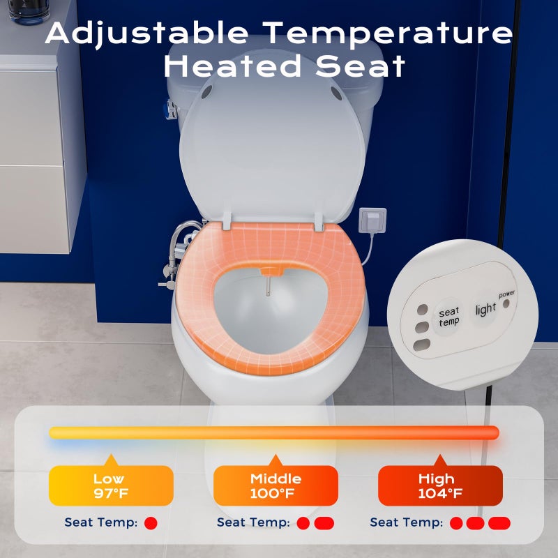 Clirass Elongated Heated Toilet Seat with Night Light, Three Temperature Settings Heated Seat,70 in Power Cord, Fit Elongated Toilet, Cold Water Bidet Function Toilet Seat With Slow Close - Image 2