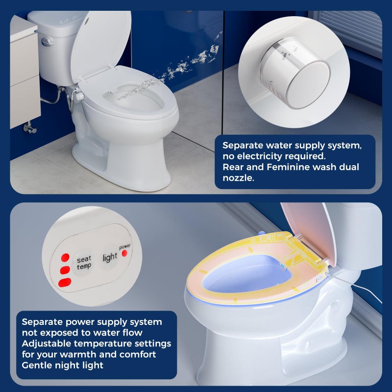Clirass Elongated Heated Toilet Seat with Night Light, Three Temperature Settings Heated Seat,70 in Power Cord, Fit Elongated Toilet, Cold Water Bidet Function Toilet Seat With Slow Close - Image 5