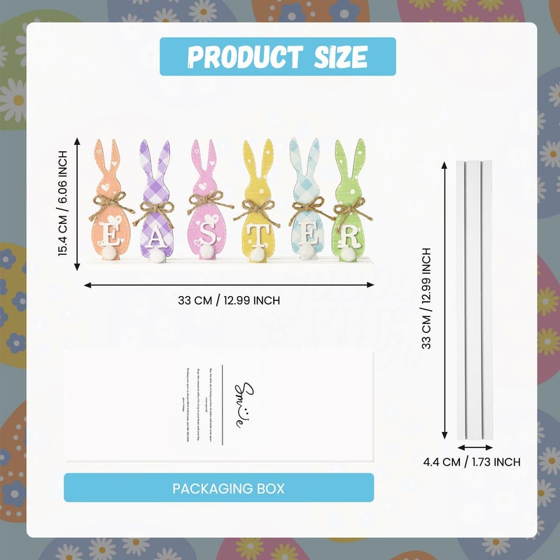 Sm:)e Smile Easter Bunny "EASTER" Letter Wooden Sign, 6-Piece Colorful Bunny Silhouette Decor with Rustic Bows for Spring Tiered Tray & Tabletop Display - Image 2