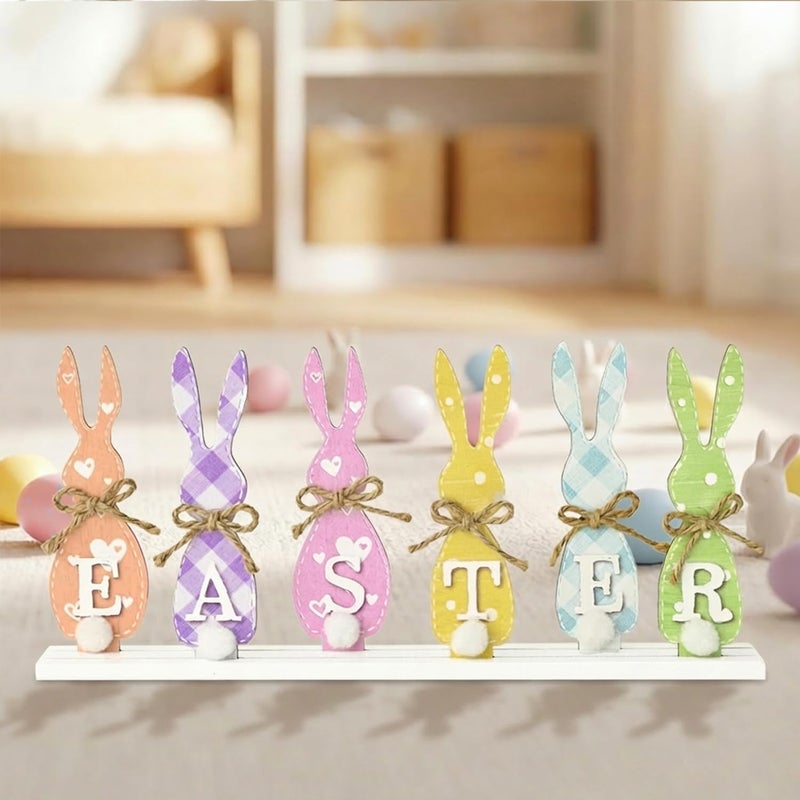 Sm:)e Smile Easter Bunny "EASTER" Letter Wooden Sign, 6-Piece Colorful Bunny Silhouette Decor with Rustic Bows for Spring Tiered Tray & Tabletop Display - Image 3