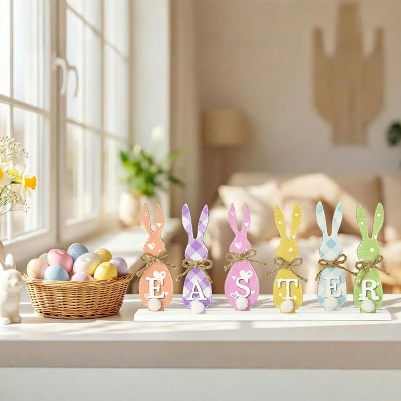 Sm:)e Smile Easter Bunny "EASTER" Letter Wooden Sign, 6-Piece Colorful Bunny Silhouette Decor with Rustic Bows for Spring Tiered Tray & Tabletop Display - Image 4