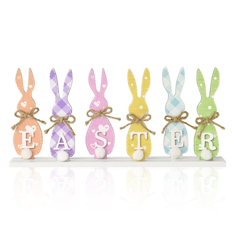Sm:)e Smile Easter Bunny "EASTER" Letter Wooden Sign, 6-Piece Colorful Bunny Silhouette Decor with Rustic Bows for Spring Tiered Tray & Tabletop Display - Image 1