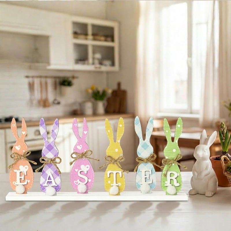 Sm:)e Smile Easter Bunny "EASTER" Letter Wooden Sign, 6-Piece Colorful Bunny Silhouette Decor with Rustic Bows for Spring Tiered Tray & Tabletop Display - Image 5