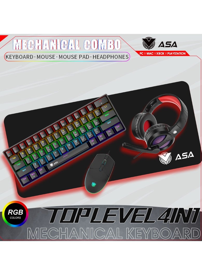 ASA RGB Backlit Mechanical Keyboard, Mouse, Headset, Mouse Pad Combo 4in1 for Work Office Home for Windows/Android TV Box/Raspberry Pi/PC/Laptop/PS5/4/3, Arabic/English Layout - Wired - Image 1