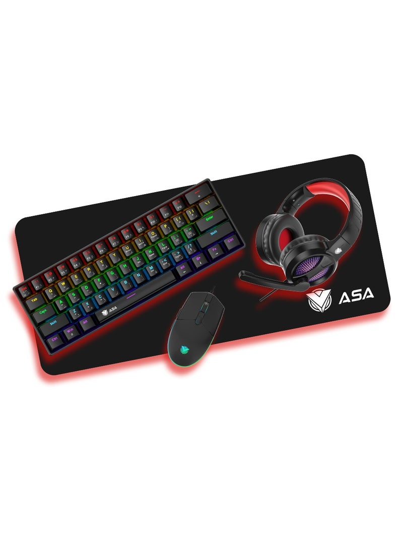 ASA RGB Backlit Mechanical Keyboard, Mouse, Headset, Mouse Pad Combo 4in1 for Work Office Home for Windows/Android TV Box/Raspberry Pi/PC/Laptop/PS5/4/3, Arabic/English Layout - Wired - Image 2