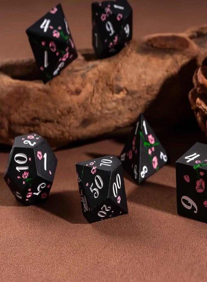 UDIXI Metal Dice Set D&D, 7PCS Flower Metal DND Dice Set with Gift Box for Dungeons and Dragon RPG Tabletop Game (Black with Pink Flower) - Image 5