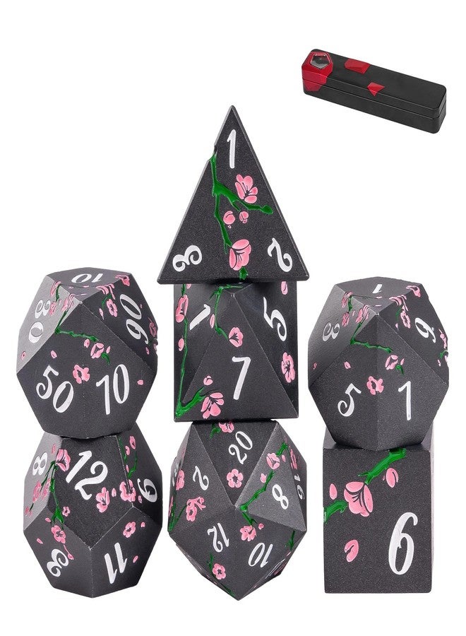UDIXI Metal Dice Set D&D, 7PCS Flower Metal DND Dice Set with Gift Box for Dungeons and Dragon RPG Tabletop Game (Black with Pink Flower) - Image 1