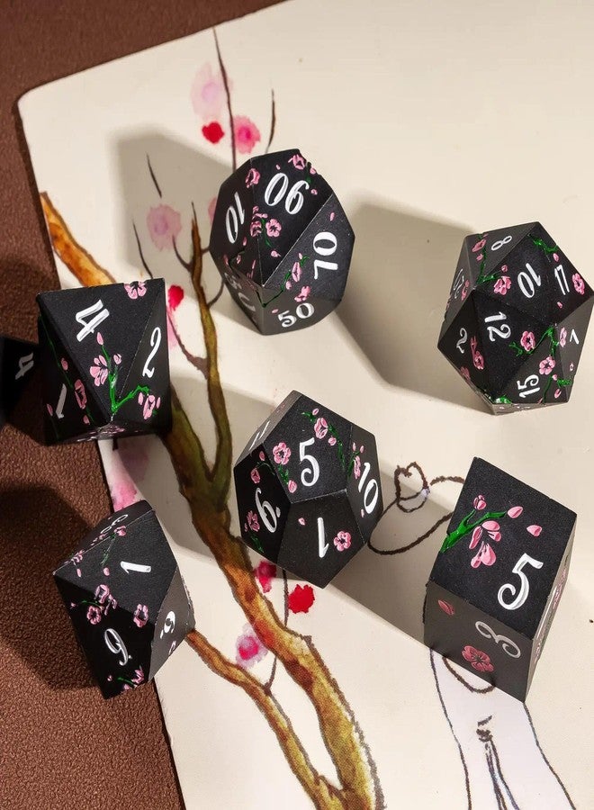 UDIXI Metal Dice Set D&D, 7PCS Flower Metal DND Dice Set with Gift Box for Dungeons and Dragon RPG Tabletop Game (Black with Pink Flower) - Image 3