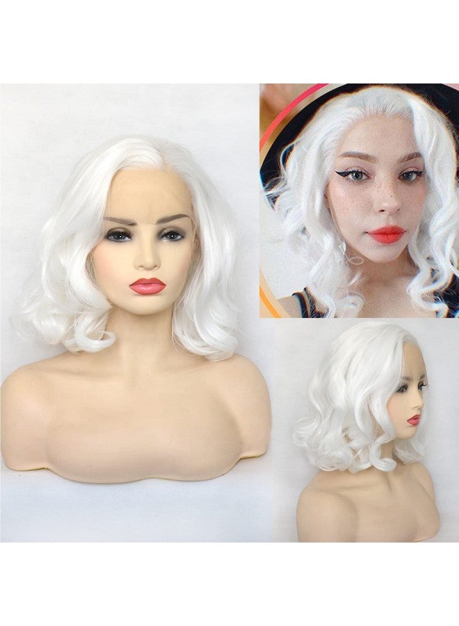 BLUPLE Luple White Lace Front Wig Short Wavy Bob Style Platinum White 1001 Loose Wave Curly Synthetic Hair Side Part Half Hand Tied Replacement Full Wigs 12 Inches For Women Girls - Image 1