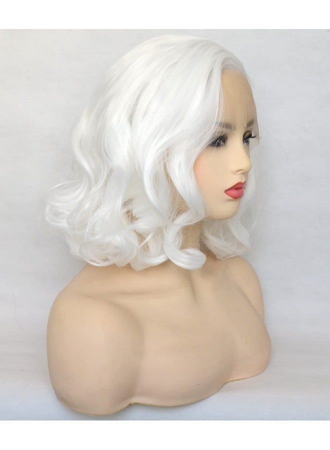 BLUPLE Luple White Lace Front Wig Short Wavy Bob Style Platinum White 1001 Loose Wave Curly Synthetic Hair Side Part Half Hand Tied Replacement Full Wigs 12 Inches For Women Girls - Image 5