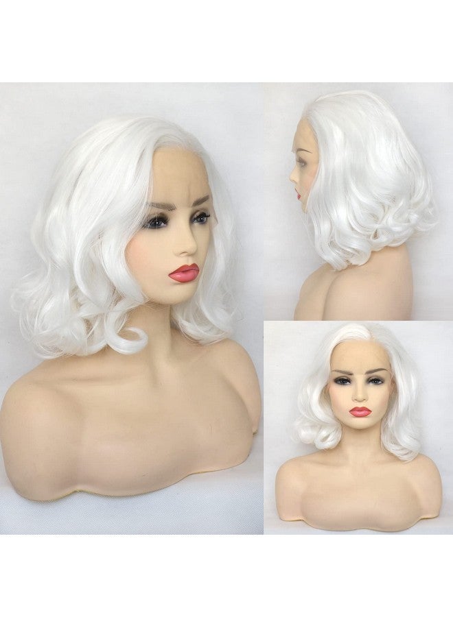 BLUPLE Luple White Lace Front Wig Short Wavy Bob Style Platinum White 1001 Loose Wave Curly Synthetic Hair Side Part Half Hand Tied Replacement Full Wigs 12 Inches For Women Girls - Image 3
