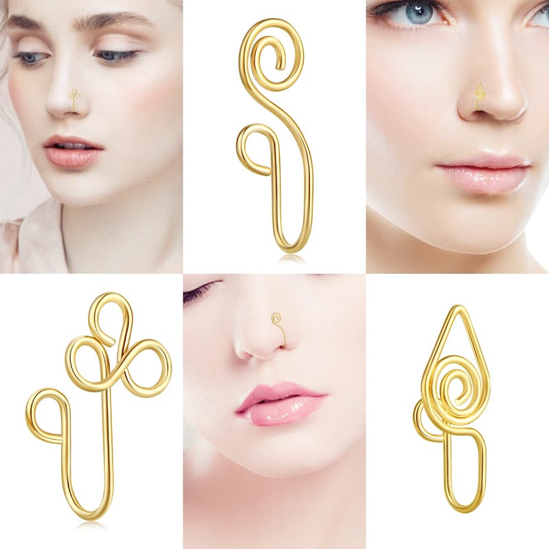 Fzroezz 9 Pcs African Nose Cuff Non Piercing Fake Nose Ring Piercings 20 Gauge Clip on Surgical Stainless Steel Nose Cuffs Rings Pack for Women Men Non Pierced Nose Cute Set Unique Ethnic Indian Gold - Image 4