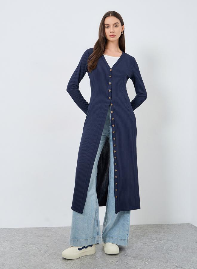 Take Two Navy Blue Knitted Cardigan with Button Placket - Image 1