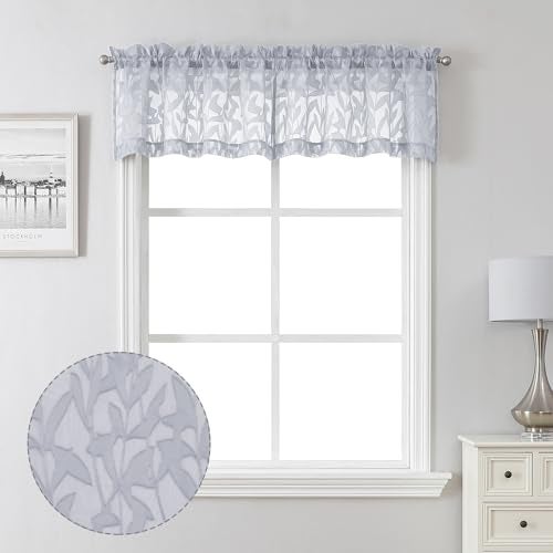 Lecloud Leia Sheer Light Grey Window Curtains for Kitchen 14 Inch Length 2 PCS, Dual Rod Pockets Window Living Room Curtain Valance, Jacquard Clip Textured Leaf Short Bedroom Drapes, 40 W x 14 L - Image 1