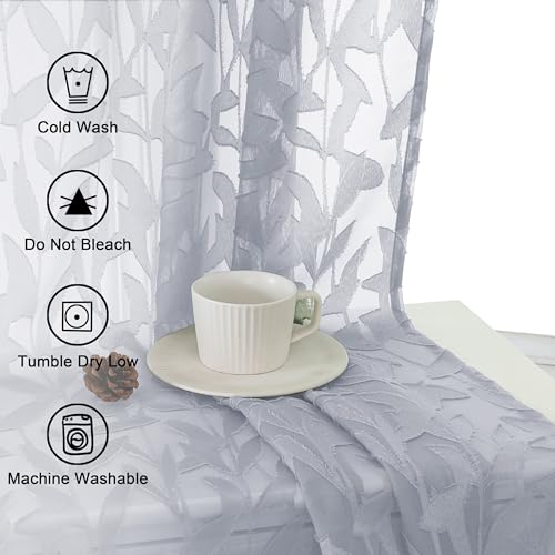 Lecloud Leia Sheer Light Grey Window Curtains for Kitchen 14 Inch Length 2 PCS, Dual Rod Pockets Window Living Room Curtain Valance, Jacquard Clip Textured Leaf Short Bedroom Drapes, 40 W x 14 L - Image 3