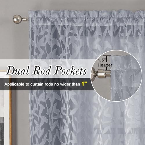 Lecloud Leia Sheer Light Grey Window Curtains for Kitchen 14 Inch Length 2 PCS, Dual Rod Pockets Window Living Room Curtain Valance, Jacquard Clip Textured Leaf Short Bedroom Drapes, 40 W x 14 L - Image 2