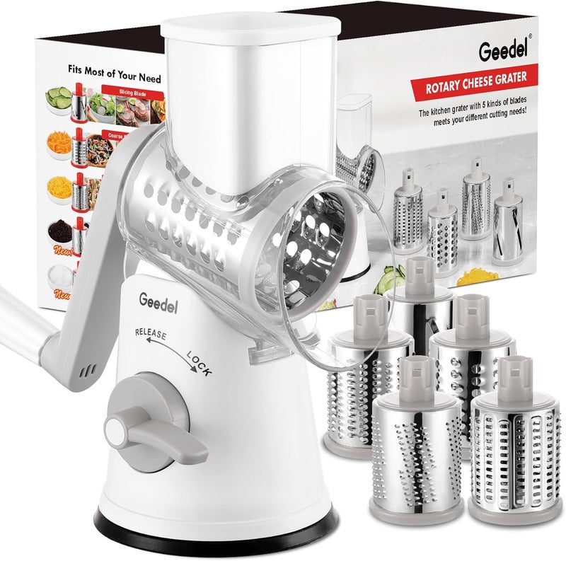 Geedel Cheese Grater, Grater for Vegetables with 5 Drum Blades, Vegetable Cutter for Cheese, Ice, Cucumbers, Carrots, Nuts, etc., Slushy Maker Ice Crusher Drum Grater Faster and Easy Cutting (White) - Image 1