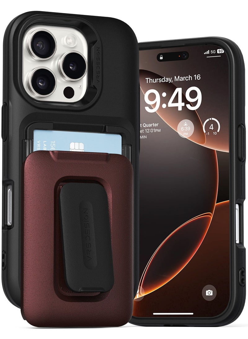 VRS Design D-Wallet Orb iPhone 16 PRO Case Cover Wallet [3 Card] Credit Holder Slot [Semi Automatic] Built-in [Kickstand] - Metallic Red  - Image 1