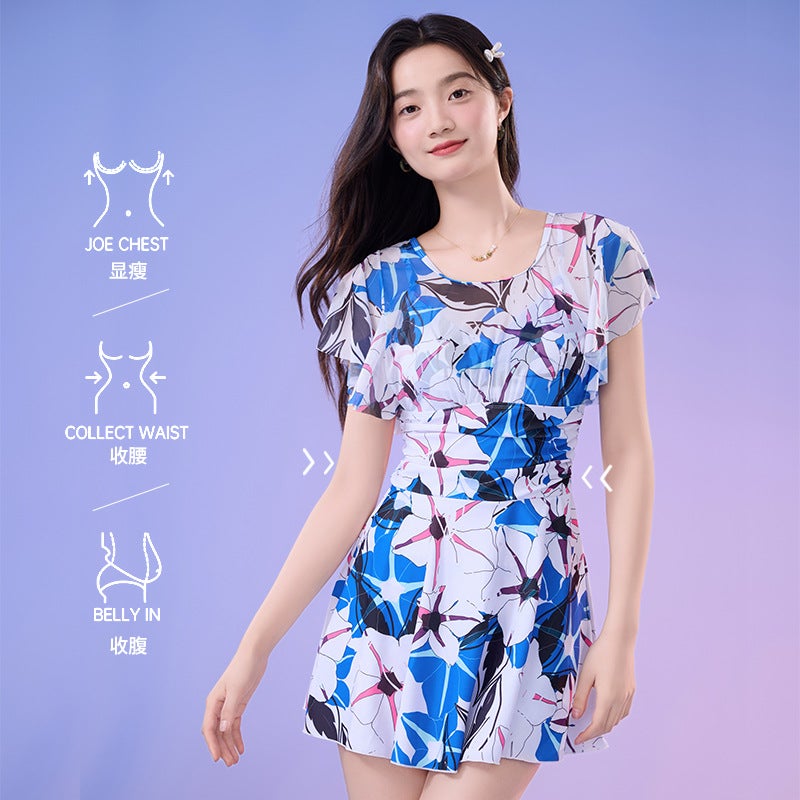 New Women'S Swimwear Personalized Printed Flying Edge Loose Belly-Covering Boxer Swim Shorts One-Piece Skirt Slimming Swimsuit - Image 5