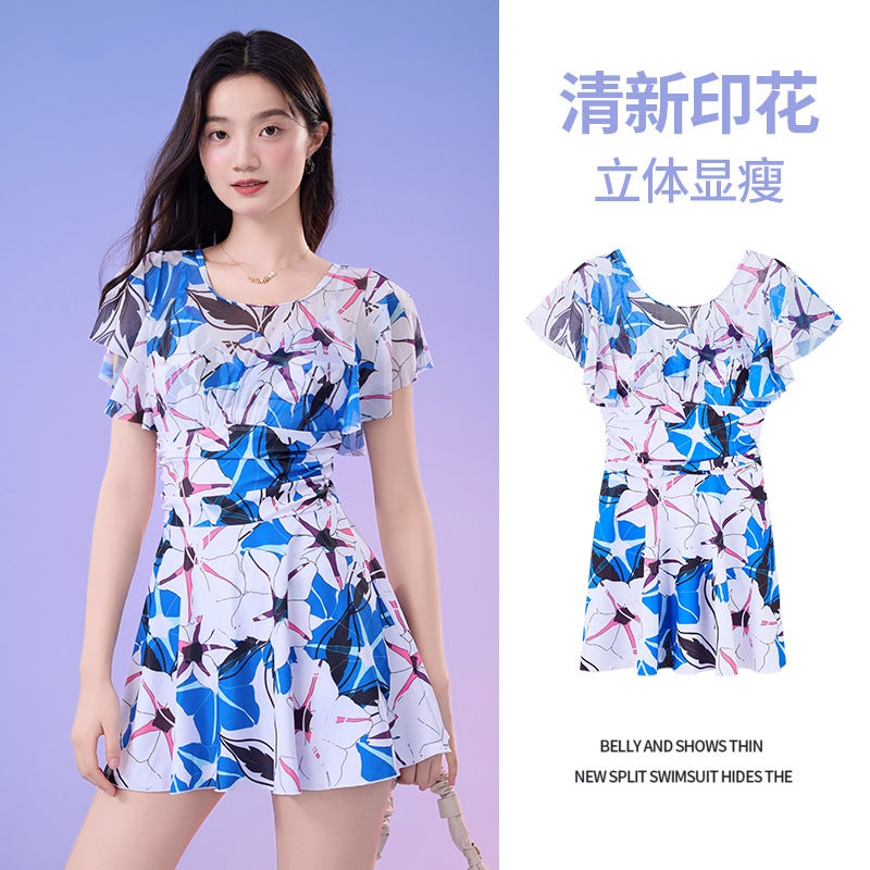 New Women'S Swimwear Personalized Printed Flying Edge Loose Belly-Covering Boxer Swim Shorts One-Piece Skirt Slimming Swimsuit - Image 2